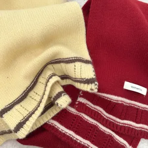 Cozy thick winter wool scarf detail, retro striped knit design for warm daily wear and couple matching.