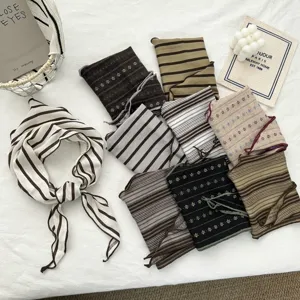 Vintage Cotton Striped Polka Dot Triangle Scarf Head Wrap Hair Band French Style Ruffle Trim Multi Purpose Small Scarf For Women