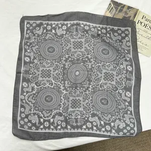 Detail view of the vintage printed cotton linen square scarf, soft lightweight neckerchief design.