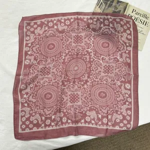 Vintage cotton linen square scarf with retro ethnic pattern, lightweight versatile neckerchief.