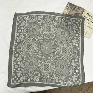 Cotton linen square scarf featuring retro grey bird geometric print, soft spring neckerchief.
