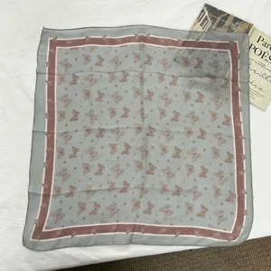 Detailed close-up view of the vintage butterfly pattern cotton linen square scarf for women.