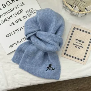 Soft knit blue winter scarf detail, cozy warm Korean style couple neckwear with embroidery.