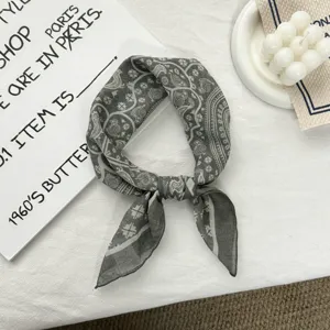 Vintage grey paisley cotton linen small square scarf, retro decorative neckerchief.