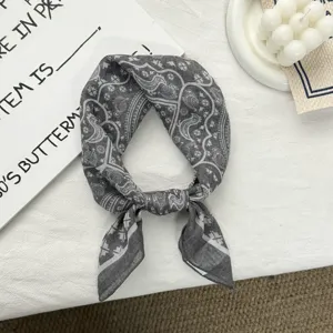 Grey paisley print cotton linen square scarf retro vintage neckerchief stylish head wrap.