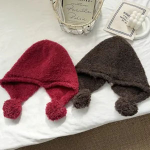 Cute wool-blend balaclava hat with earflaps and pom-poms, cozy knitted winter warm hat for women.