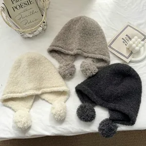 Cozy wool-blend knitted balaclava hat with cute pom-poms, autumn winter warm earflap beanie.
