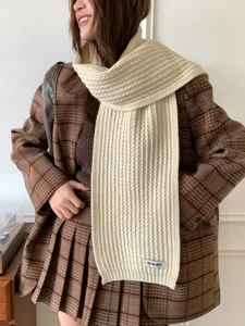 Chic cream ribbed knit scarf for women, cozy winter short woolen neck warmer, warm fashion accessory.