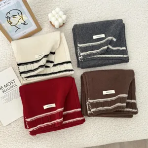 Cozy pure wool winter scarf for women men, retro striped knitted design, thick warm neck warmer.