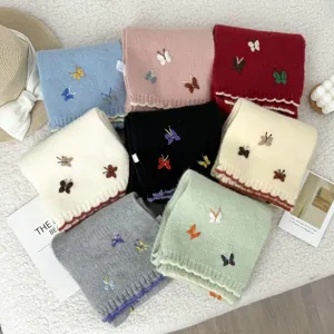 Bufanda de Punto Cálida de Invierno para Mujer Bordado de Mariposa Borde Ondulado en Contraste Bufanda de Acrílico Larga Dulce para Exterior