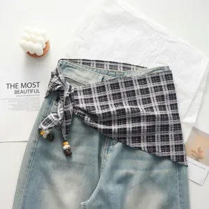 Retro plaid waist wrap detail, stylish layered denim skirt accessory with beads for women.