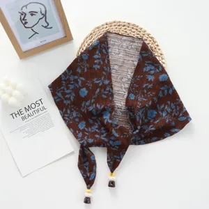 Retro floral print tie triangle scarf shawl with bead tassel detail for women layering.