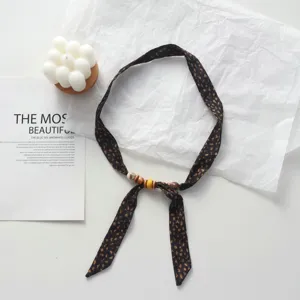 Chic polka dot fabric scarf necklace with wooden beads, stylish adjustable tie clavicle chain.