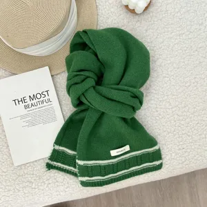 Dark green knitted wool scarf with white stripes, thick warm winter neck warmer for couple.