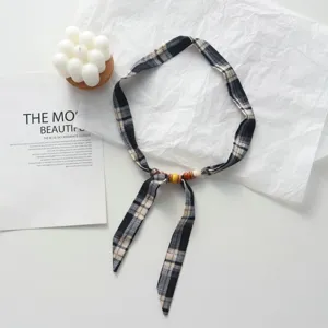 Plaid ribbon necklace with wooden beads, fabric choker scarf for women stylish sweater accessories