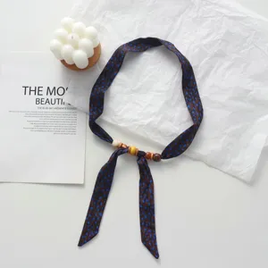 Chic polka dot printed fabric scarf necklace with wooden beads adjustable clavicle chain accessory