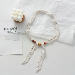 Polka dot fabric scarf necklace with wooden beads, unique design clavicle chain for women.