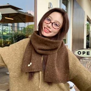Cozy brown speckled wool winter scarf for women, stylish Korean fashion neck warmer daily wear.