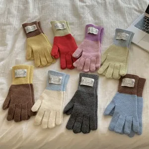 Women Winter Thermal Knit Gloves Wool Blend Color Block Touch Screen Split-Finger Warm Gloves For Outdoor Daily