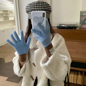 Cozy blue knit gloves with brown cuffs, perfect winter warm accessory for daily outdoor wear.