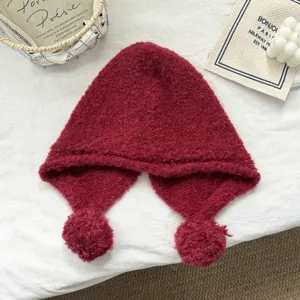 Women winter warm knitted balaclava hat dark red fleece earflap hat with dual pom poms style