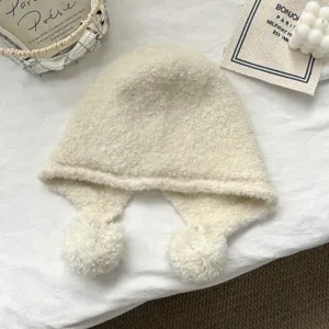 Cozy fleece balaclava hat with ear flaps and cute pom-poms, soft winter warm knit hood for women.