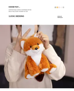 Cute cartoon fox plush toy detail view, soft stuffed animal doll for kids and home decor.