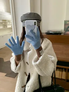Korean style knit color block wool gloves for women winter outdoor touch screen warm.