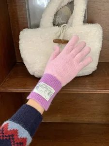 Korean style color-block knit wool gloves for women winter warm split-finger detail view.