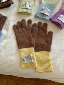 Women winter knit color-block wool gloves, warm outdoor cycling touchscreen gloves.