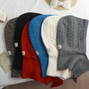 Bonnet Balaclava Tricoté Chaud Hiver pour Femmes Épais Coupe-Vent Écharpe à Capuche Couleur Unie Mode Décontracté Thermique