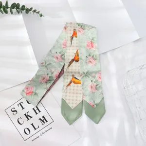 Élégant foulard étroit en soie pour femme avec imprimé chic de perroquets et de roses.