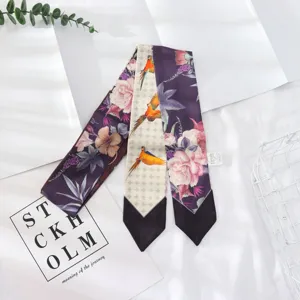 Foulard en soie étroit et chic pour femme, imprimé floral oiseaux élégant ruban cou.