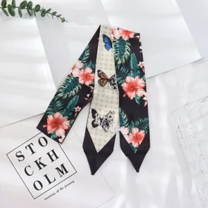 Foulard en soie étroit femme été cou ruban décoratif imprimé floral papillon cravate