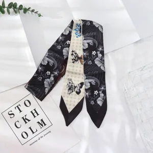 Élégante écharpe en soie noire et blanche pour femme, ruban de cou élégant et accessoire d'été.