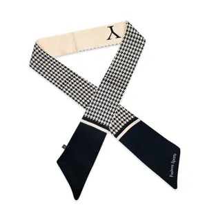 Stijlvolle houndstooth twilly zijden sjaal, elegante zwart-witte lint voor tas en damenhalsdoek.