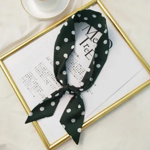 Dark green white polka dot silk ribbon scarf, elegant neckerchief for handbag decor.