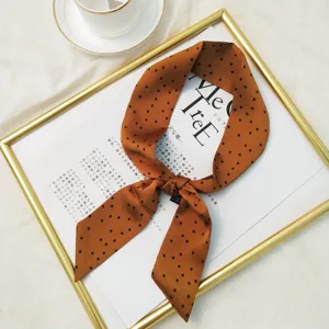 Brown polka dot skinny silk scarf stylish hair ribbon bag accessory handle wrap.