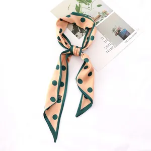 Elegante pañuelo de seda largo con lunares, elegante cinta para el cabello albaricoque y verde.