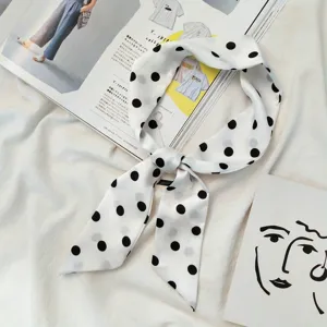 Chic black and white polka dot small silk scarf for stylish bag and neck daily wearing.
