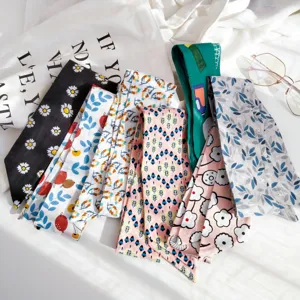Beau foulard étroit coton lin imprimé floral ruban twilly élégant pour sac et cou