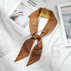 Foulard skinny en soie imprimé architectural vintage élégant bandeau cheveux