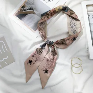 Foulard en soie fin femme vintage imprimé architecture élégant cravate bandeau cheveux sac ruban