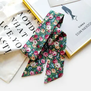 Foulard twilly étroit à fleurs vintage femme cou poignet sac déco ruban vert élégant