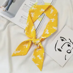 Foulard en soie fin français jaune long ruban mignon impression animal bandeau foulard