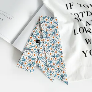 Foulard Fin Imprimé Fleurs Coton Lin Carré Femme Chic Sac Ruban Nœud Accessoire