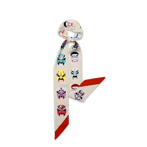 Foulard twilly en soie pour femme avec imprimé masque d'opéra chinois, ruban étroit pour sac et cou.