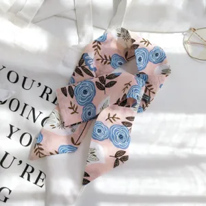 Foulard twilly en soie a motif floral rose pour femme, foulard de cou elegant et ruban de sac.