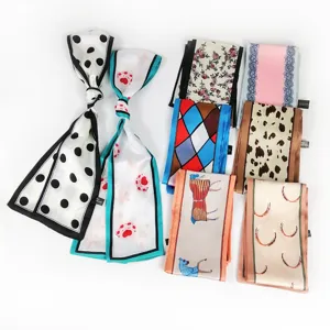 Écharpe Étroite en Satin de Polyester pour Poignée de Sac Polka Dot Rayures Imprimé Équestre Ruban Cheveux Cravate Serre-tête Femmes