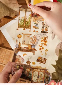 Guochao ancient style PET decorative stickers for hand ledger DIY, four seasons scenery design.